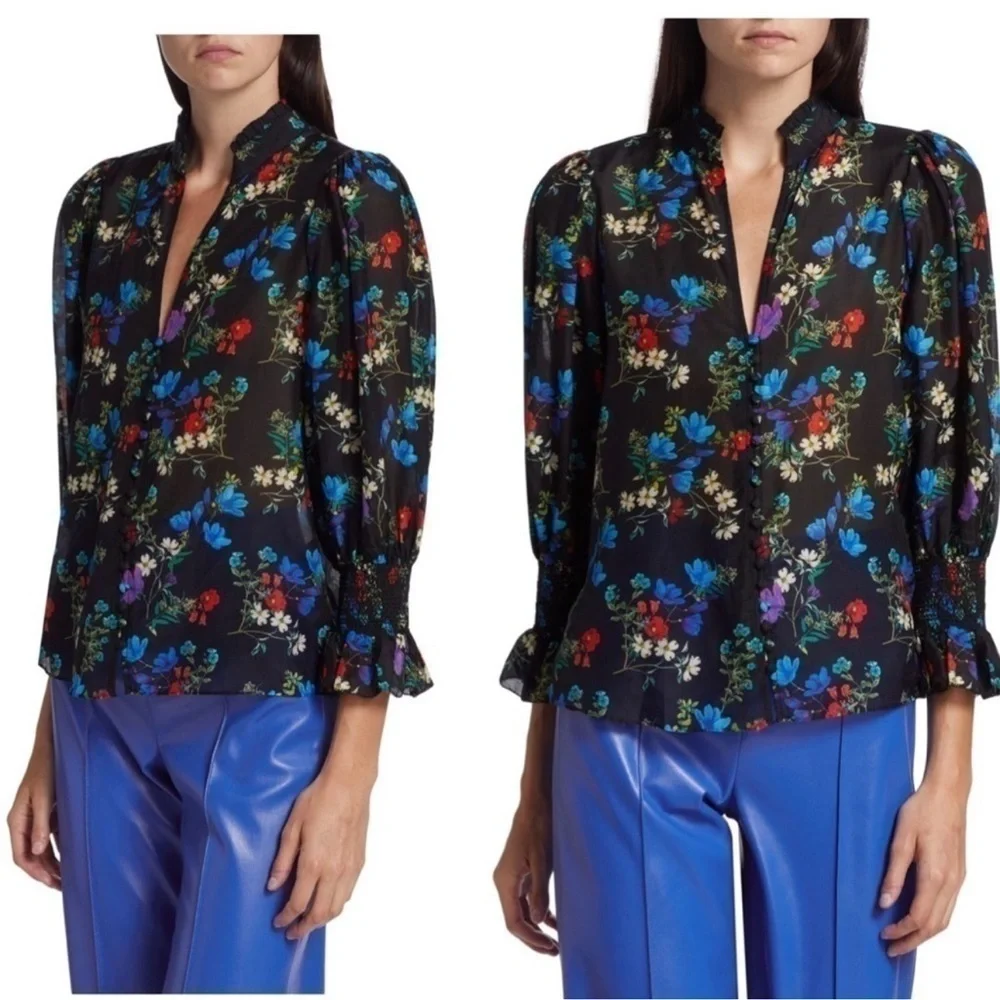 Alice & Olivia llan Silk Floral Long Sleeve button-down, semi sheer blouse Small